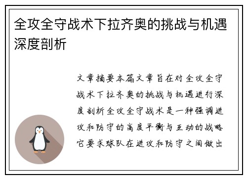 全攻全守战术下拉齐奥的挑战与机遇深度剖析