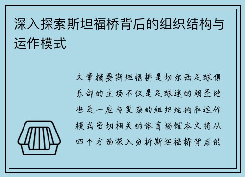 深入探索斯坦福桥背后的组织结构与运作模式
