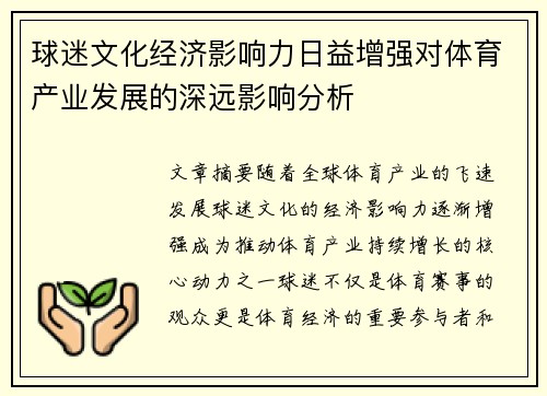 球迷文化经济影响力日益增强对体育产业发展的深远影响分析